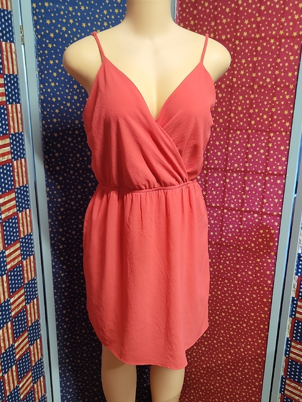 Coral Wrap Front Spaghetti Strap Dress